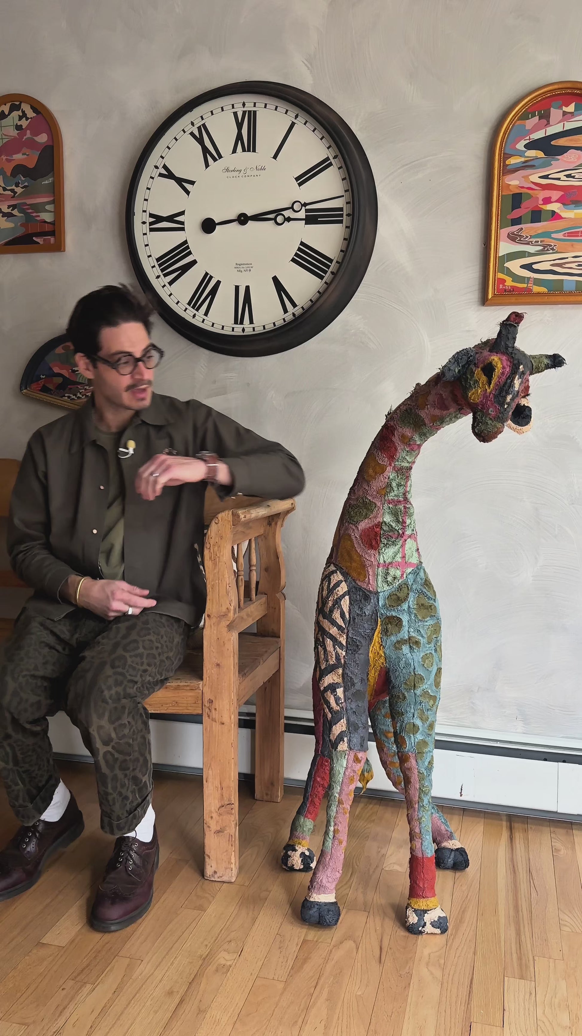 Video of Russ Rubin discussing his hand painted large Giraffe stuffed animal sculpture