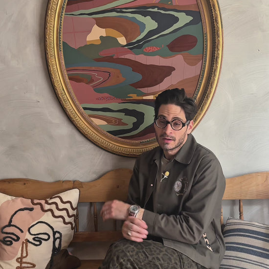 Russ Rubin discussing his abstract landscape painting on wood in vintage frame by Russ Rubin