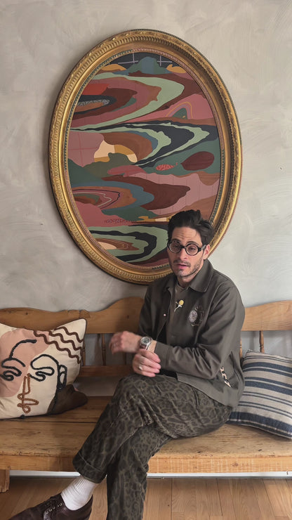 Russ Rubin discussing his abstract landscape painting on wood in vintage frame by Russ Rubin