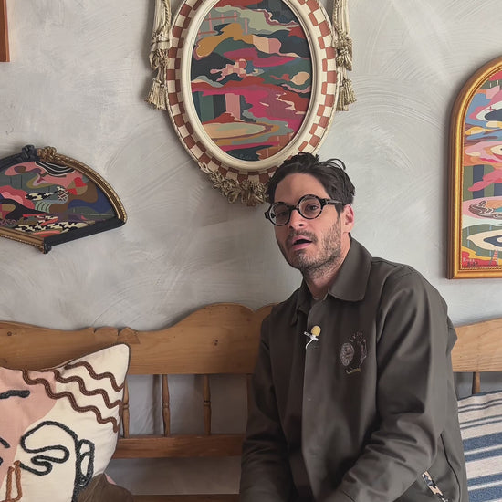 Video of Russ Rubin describing his abstract landscape painting on wood in vintage frame 