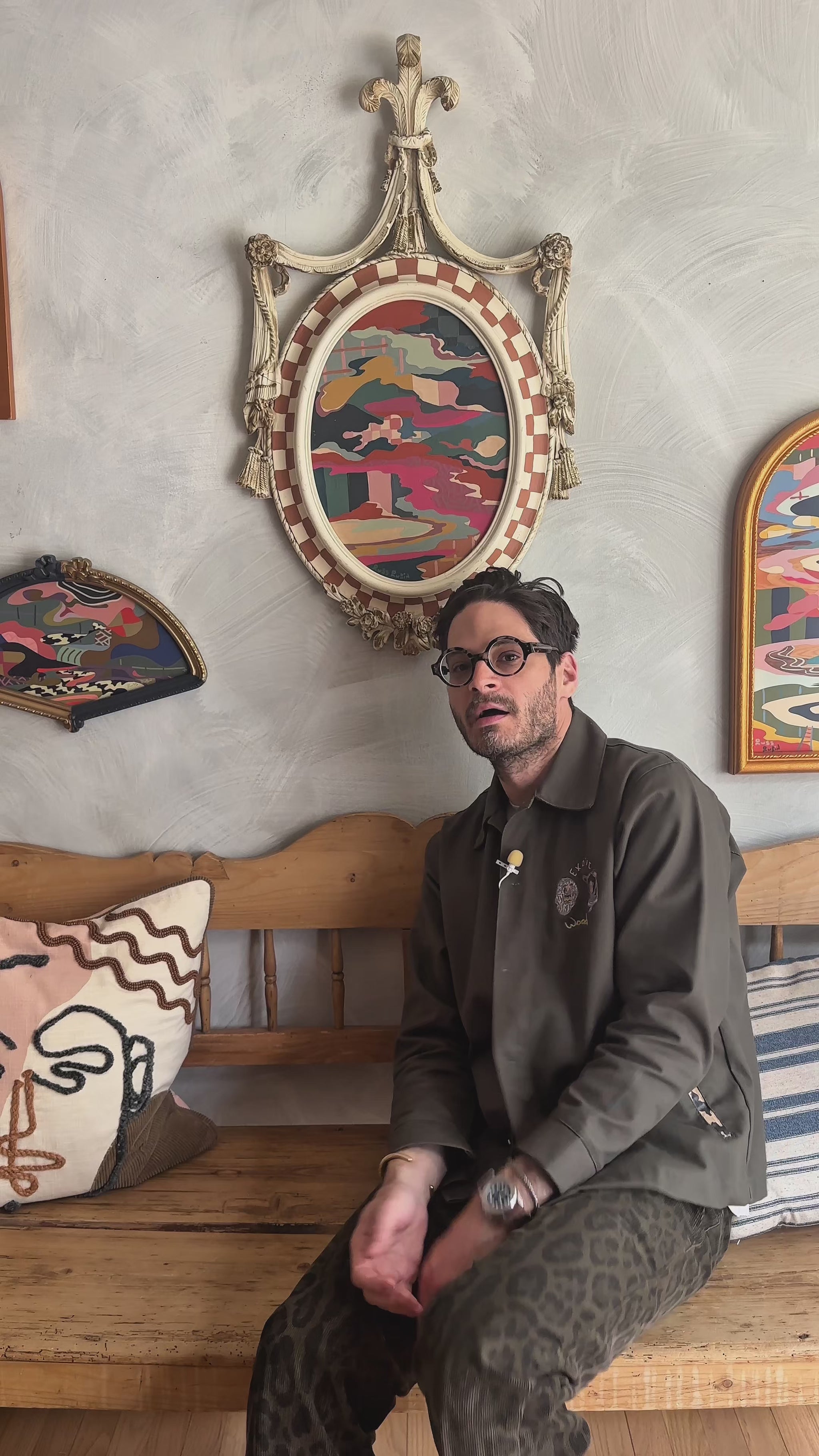 Video of Russ Rubin describing his abstract landscape painting on wood in vintage frame 