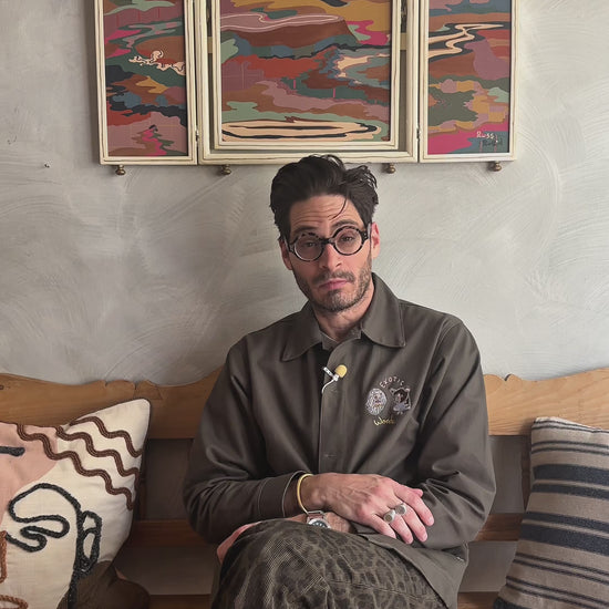 Video of Russ Rubin discussing his abstract landscape painting on wood in vintage triptych frame 