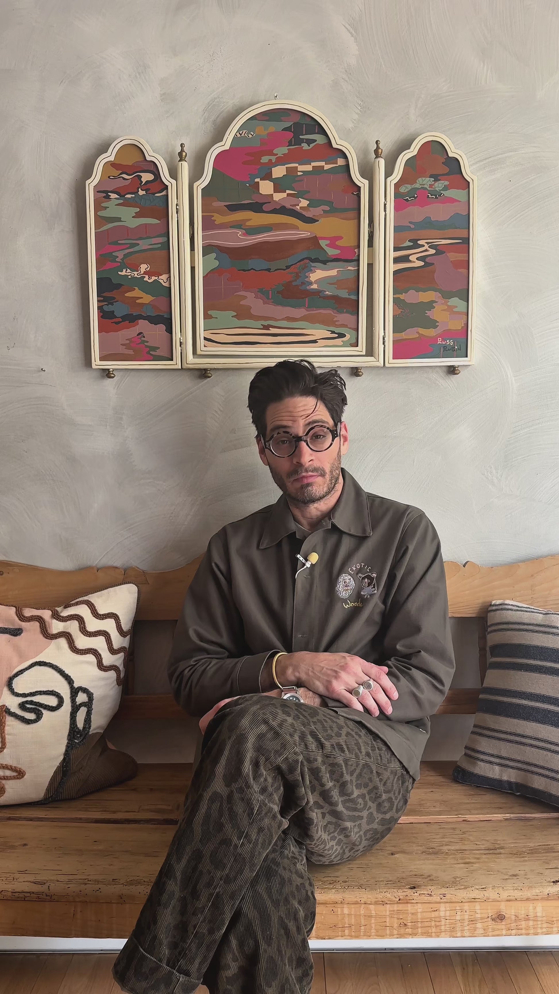Video of Russ Rubin discussing his abstract landscape painting on wood in vintage triptych frame 