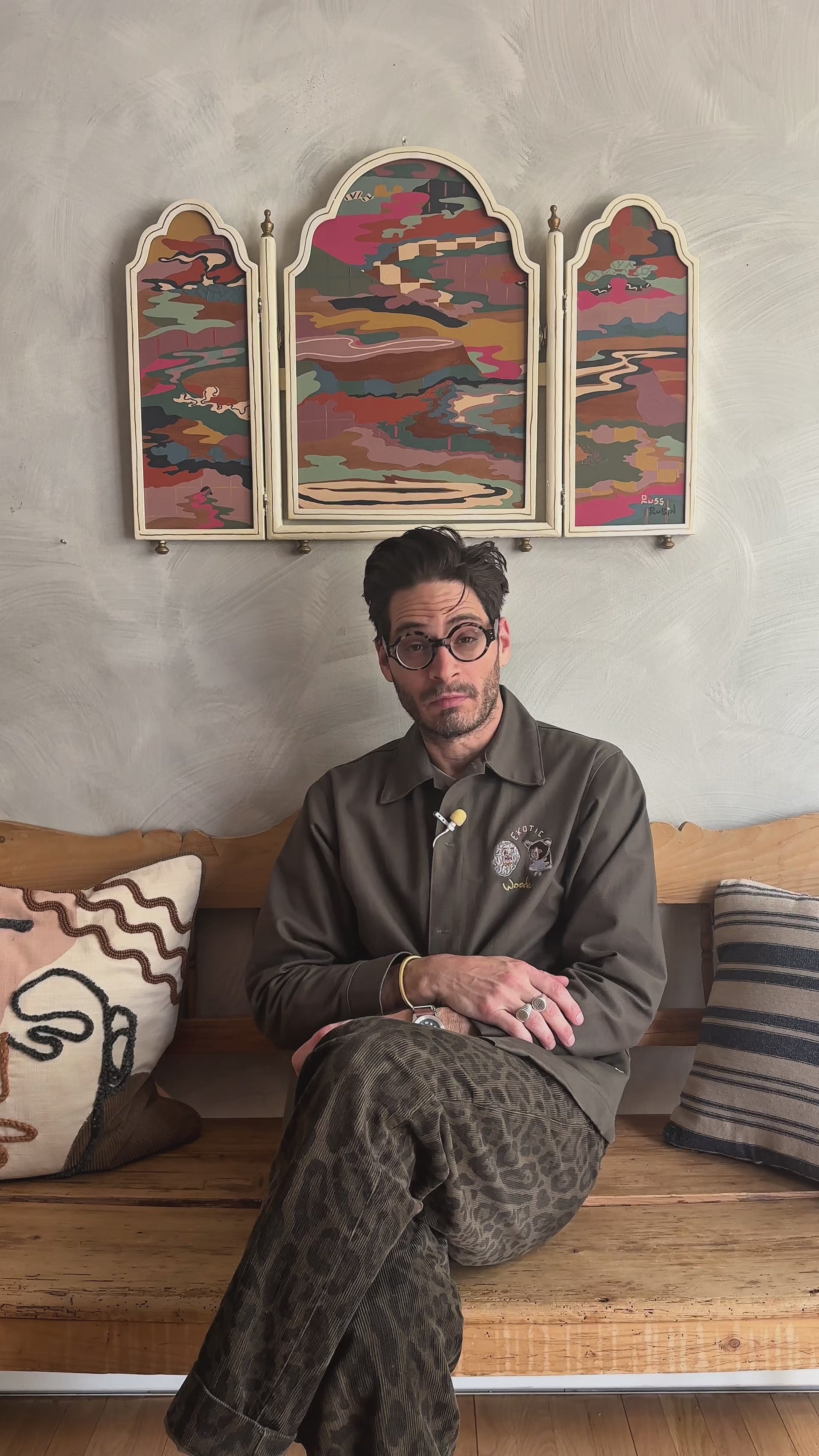 Video of Russ Rubin discussing his abstract landscape painting on wood in vintage triptych frame 