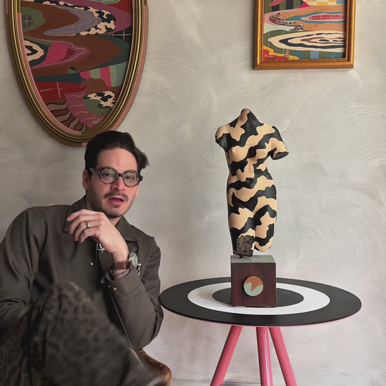 Video of Russ Rubin discussing his hand painted female torso sculpture 