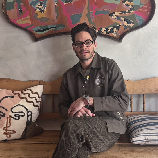Video of Russ Rubin discussing his abstract landscape painting on wood in vintage frame 