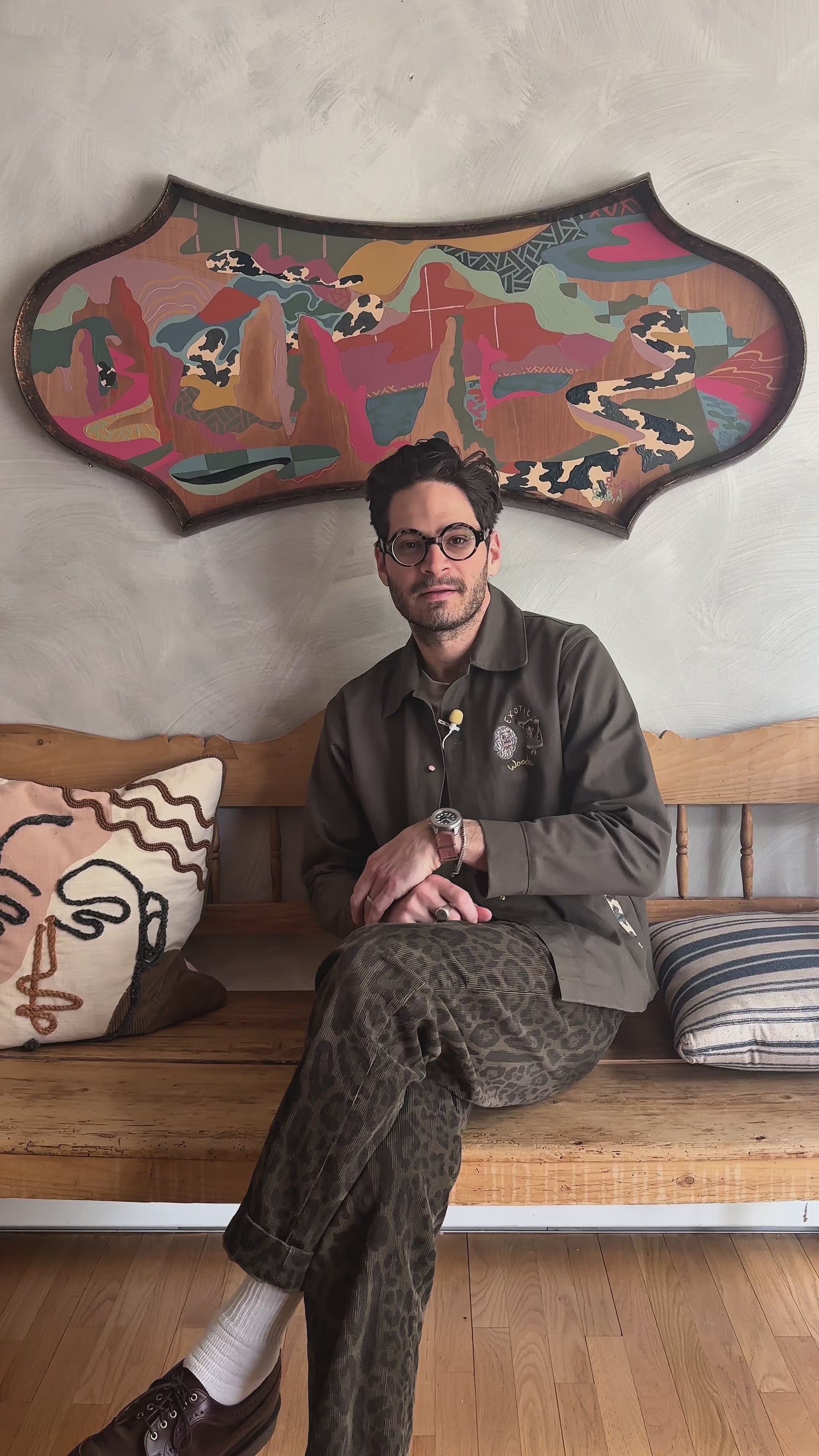 Video of Russ Rubin discussing his abstract landscape painting on wood in vintage frame 