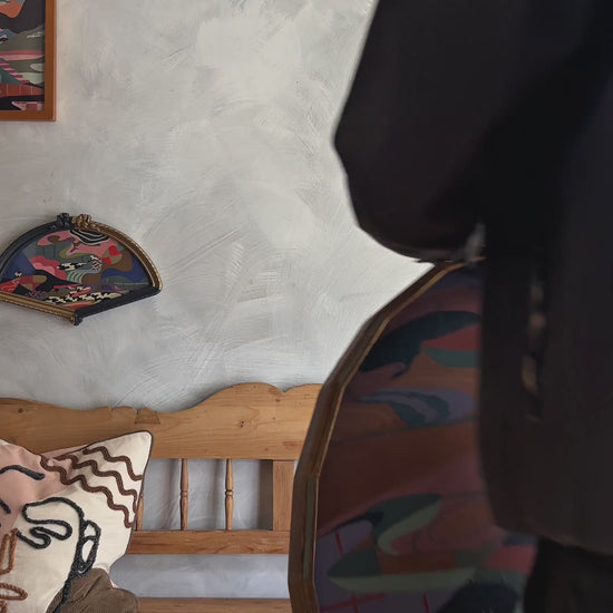 video of Russ Rubin describing his abstract landscape paintingon wood in fan shaped frame