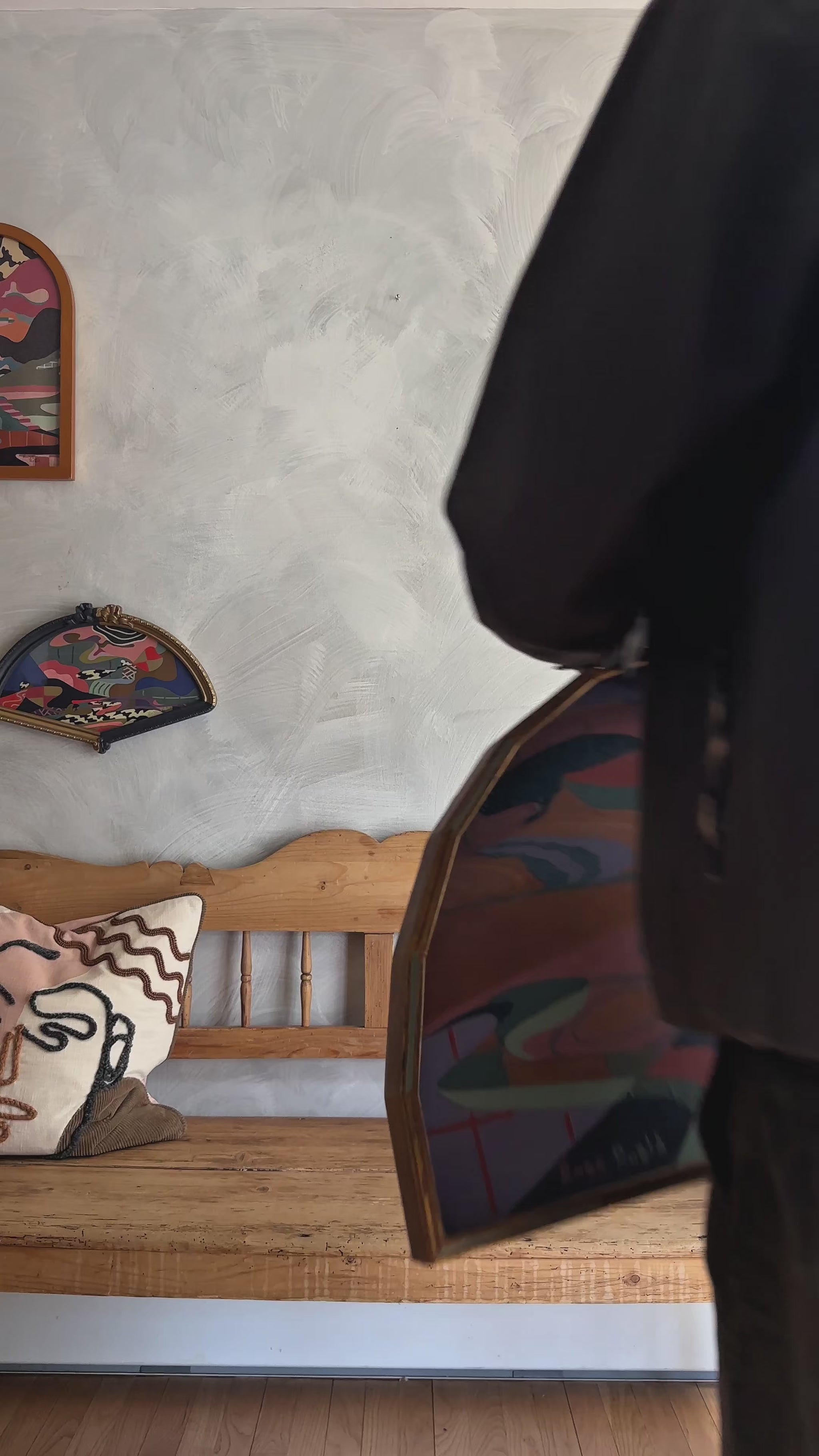 video of Russ Rubin describing his abstract landscape paintingon wood in fan shaped frame