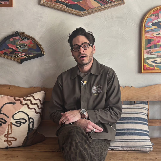 Video of Russ Rubin discussing his Abstract landscape painting on wood in vintage frame 