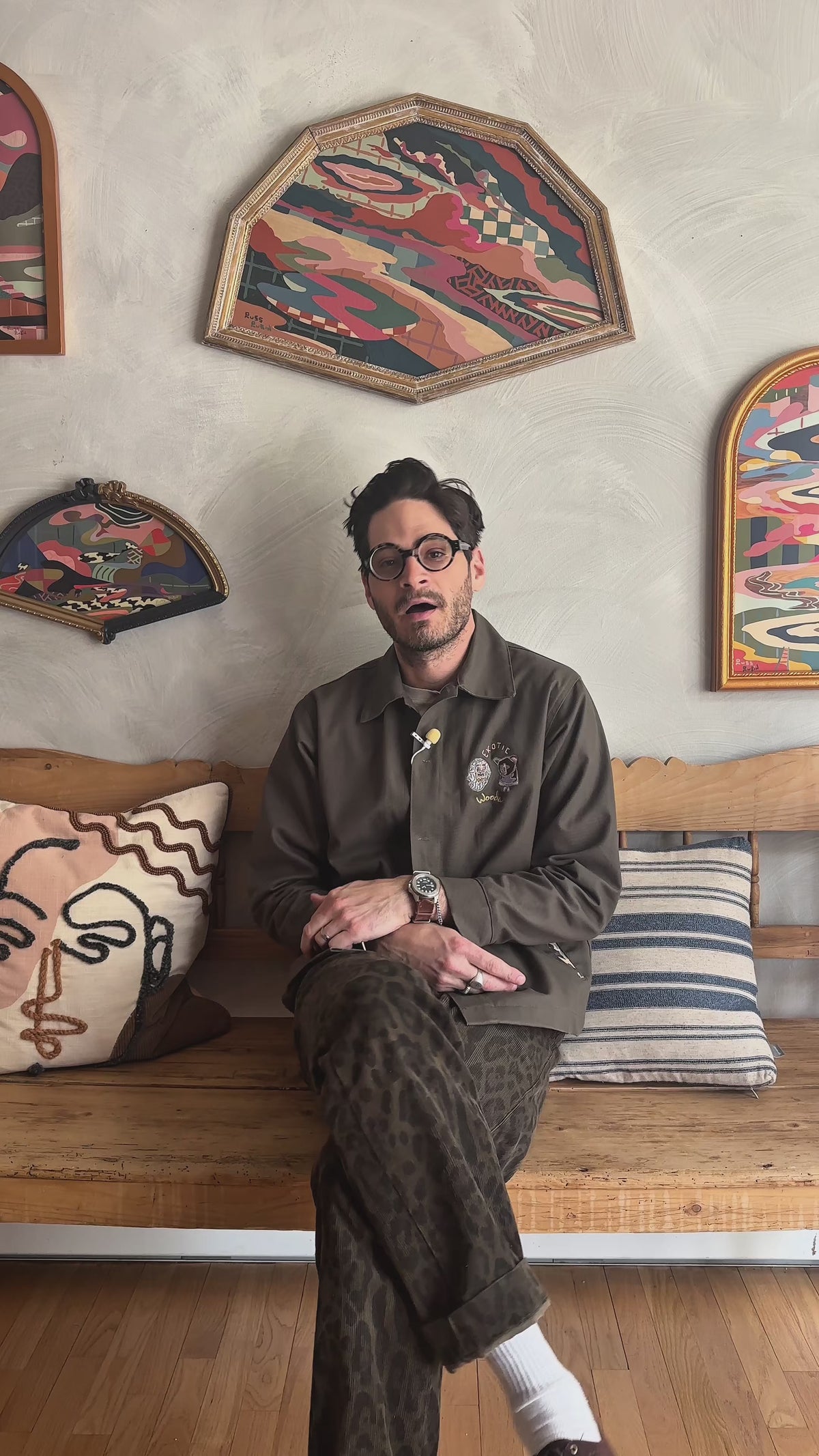 Video of Russ Rubin discussing his Abstract landscape painting on wood in vintage frame 