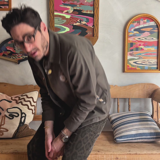 Video of Russ Rubin discussing his abstract landscape painting on wood in vintage frame 
