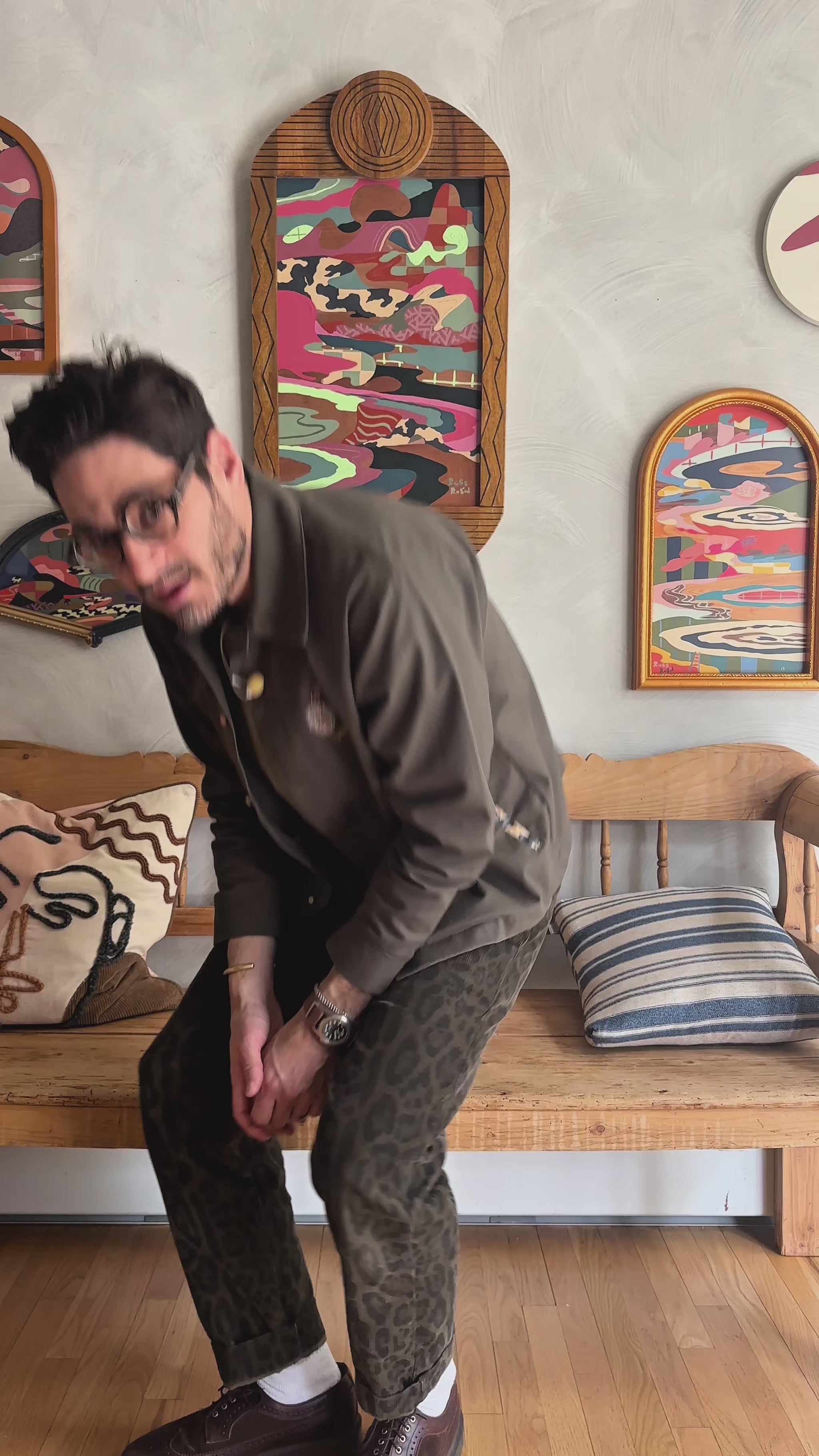 Video of Russ Rubin discussing his abstract landscape painting on wood in vintage frame 