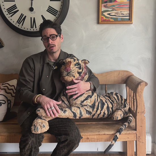 Video of Russ Rubin discussing his hand painted large Tiger stuffed animal sculpture 