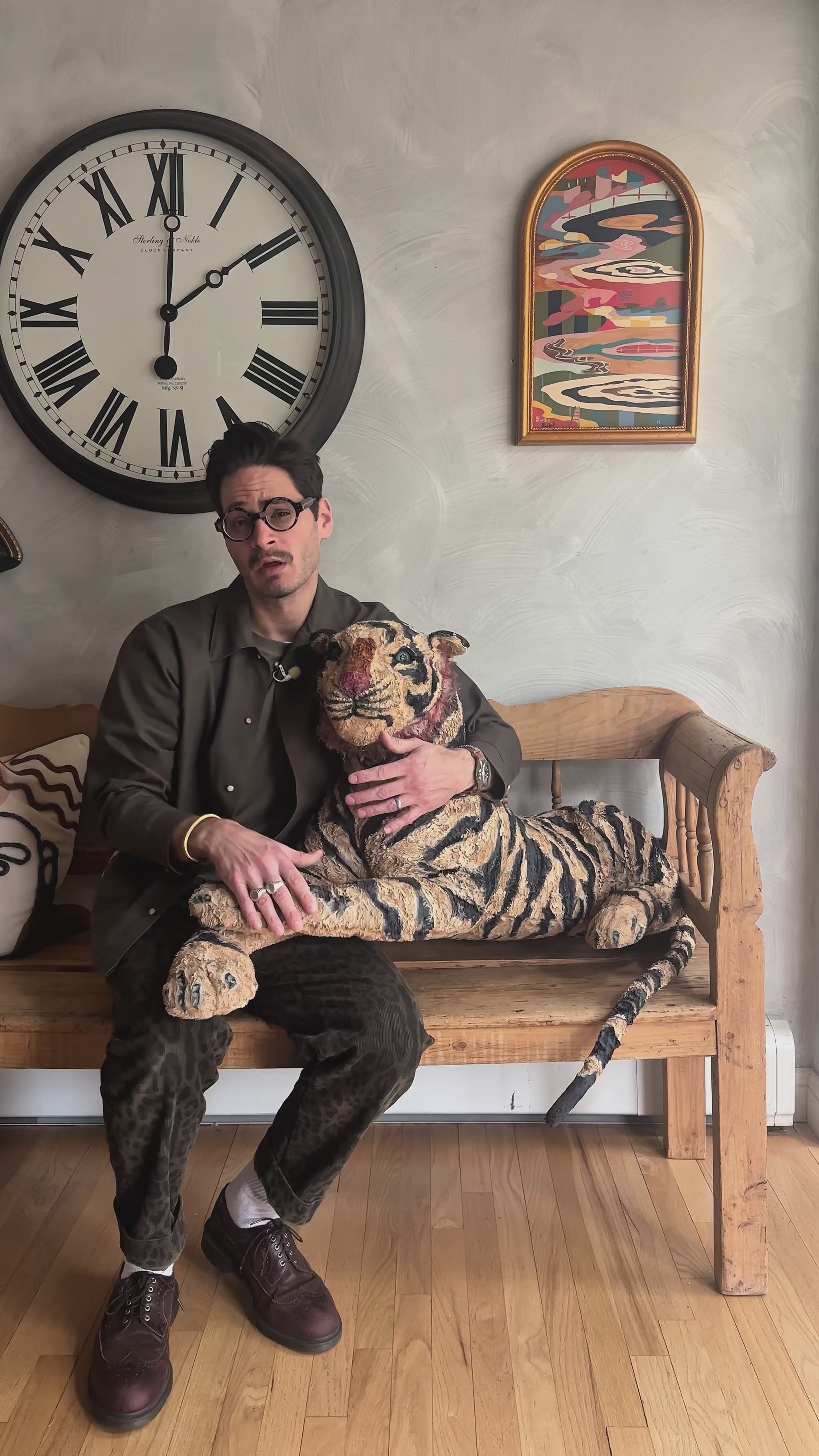 Video of Russ Rubin discussing his hand painted large Tiger stuffed animal sculpture 