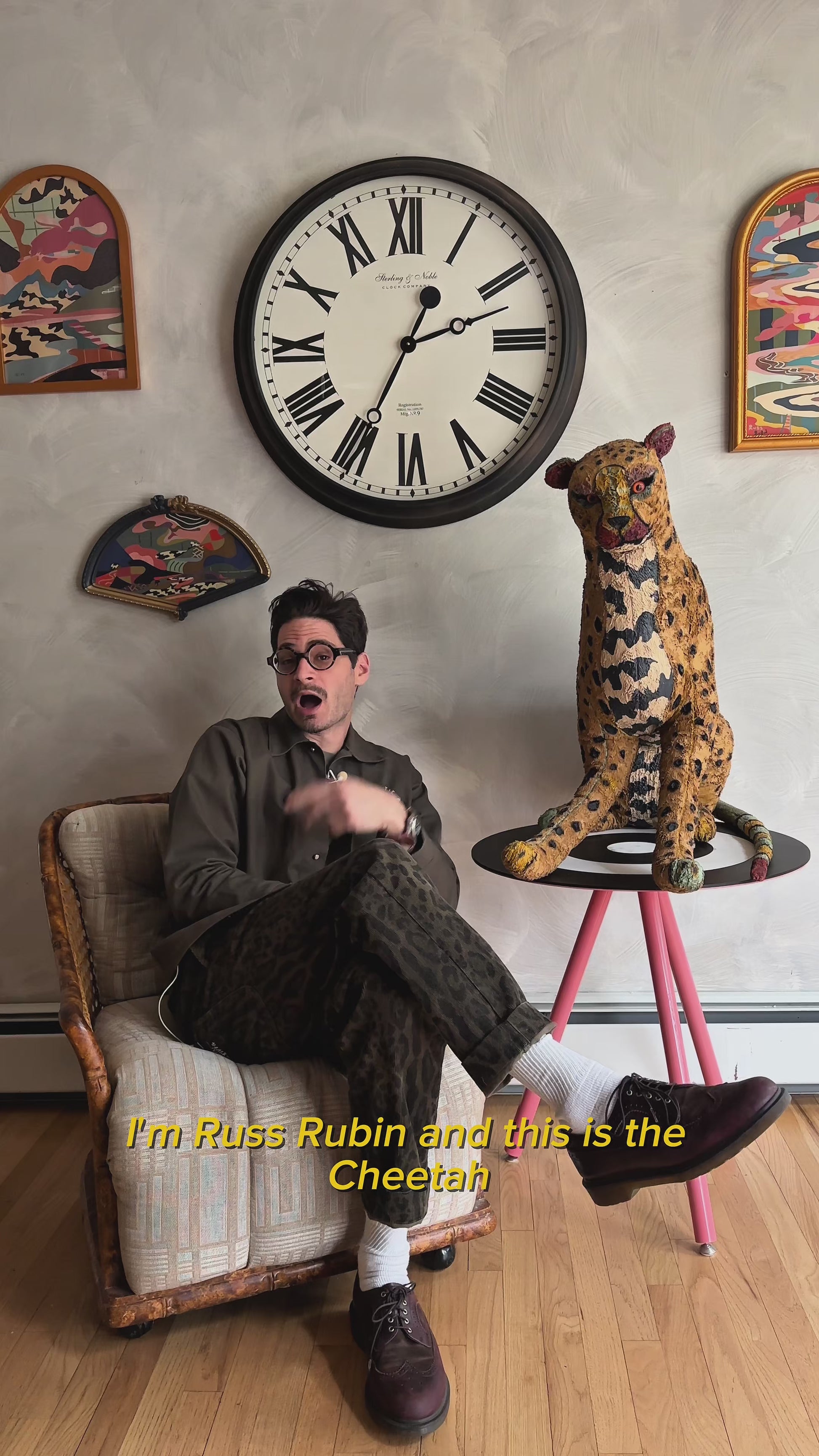 Video of Russ Rubin discussing his hand painted large Cheetah stuffed animal sculpture