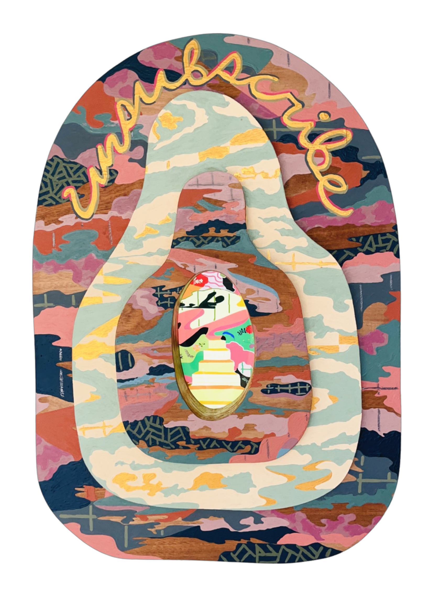 Painted wood multimedia construction with digital inset oval screen by Russ Rubin