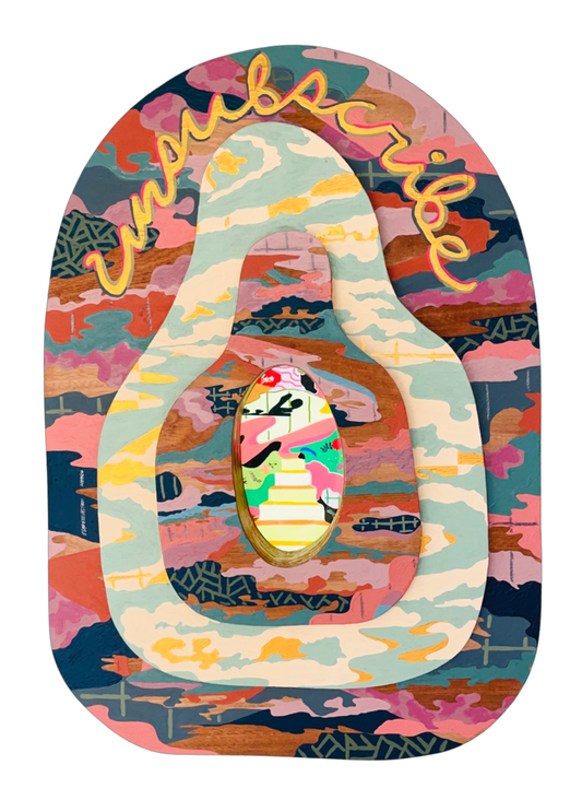 Painted wood multimedia construction with digital inset oval screen by Russ Rubin