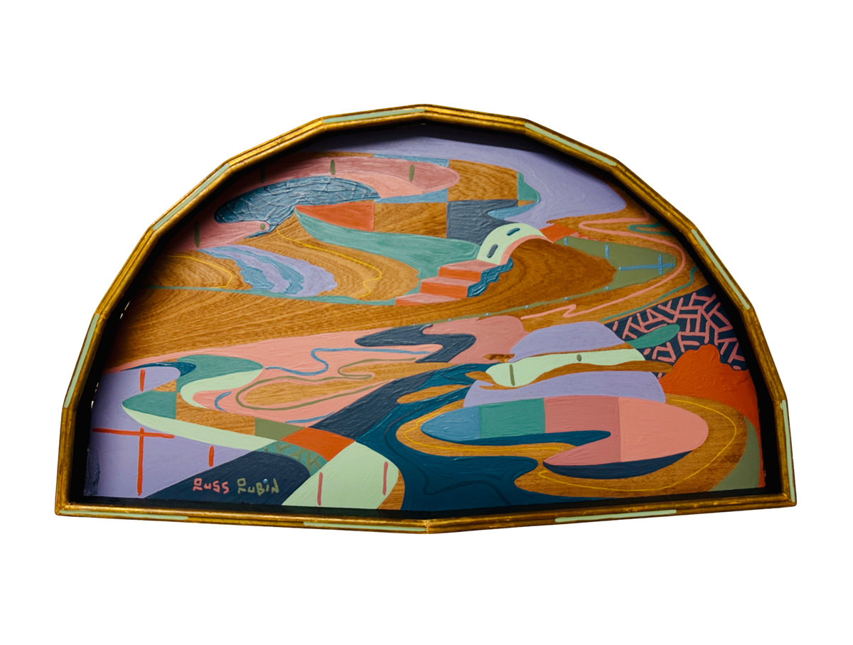 Abstract landscape painting on wood in fan shaped frame - front view - by Russ Rubin
