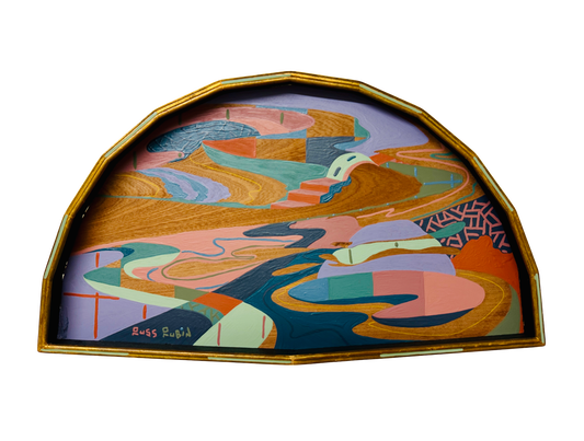 Abstract landscape painting on wood in fan shaped frame - front view - by Russ Rubin