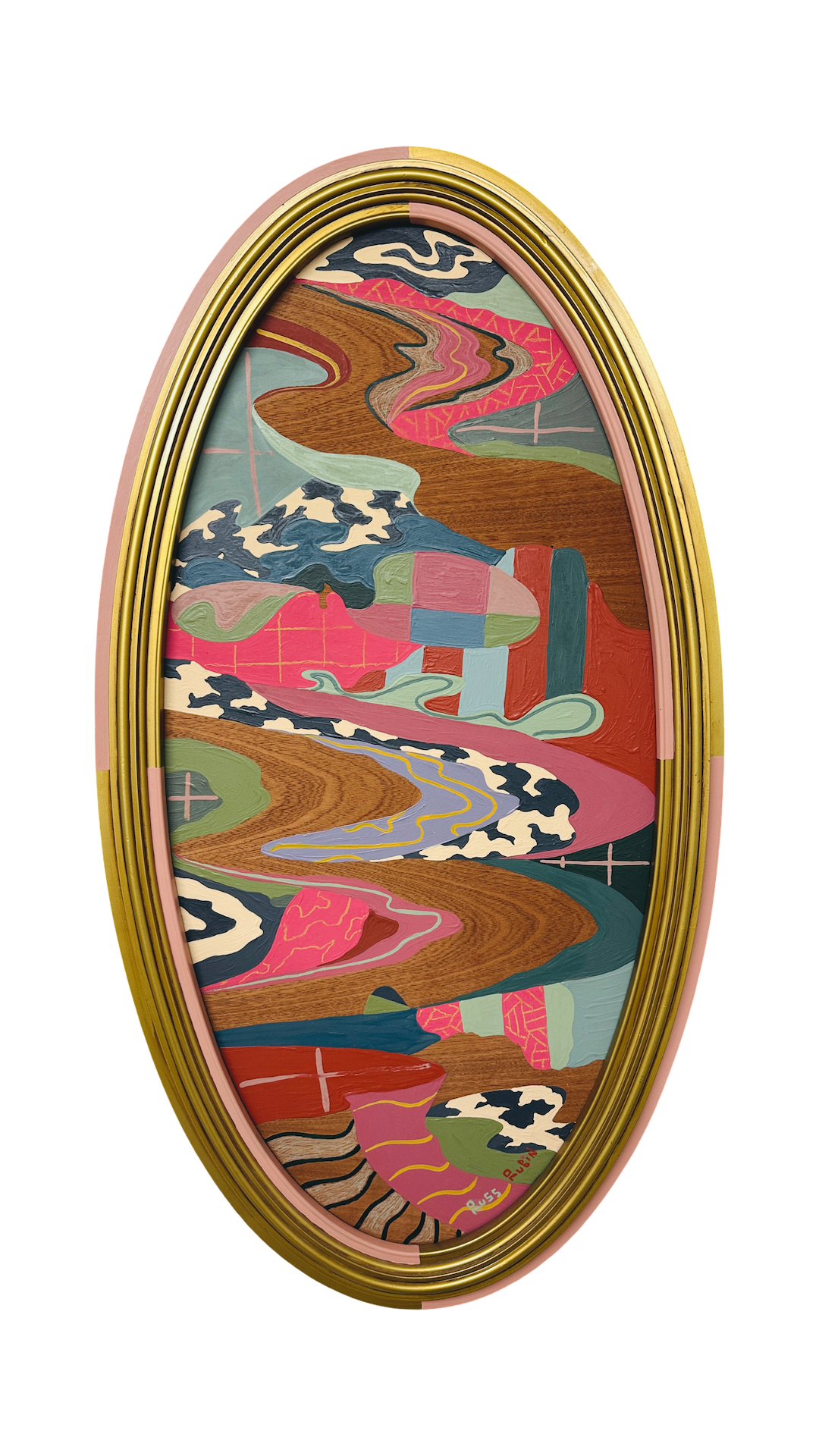 Abstract landscape painting on wood in vintage frame by Russ Rubin - front view 