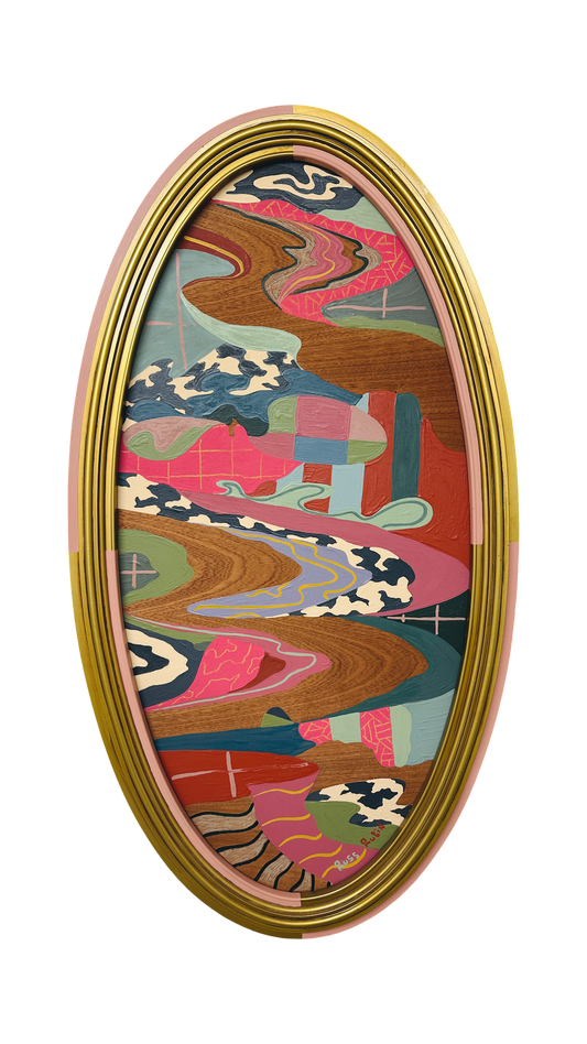 Abstract landscape painting on wood in vintage frame by Russ Rubin - front view 