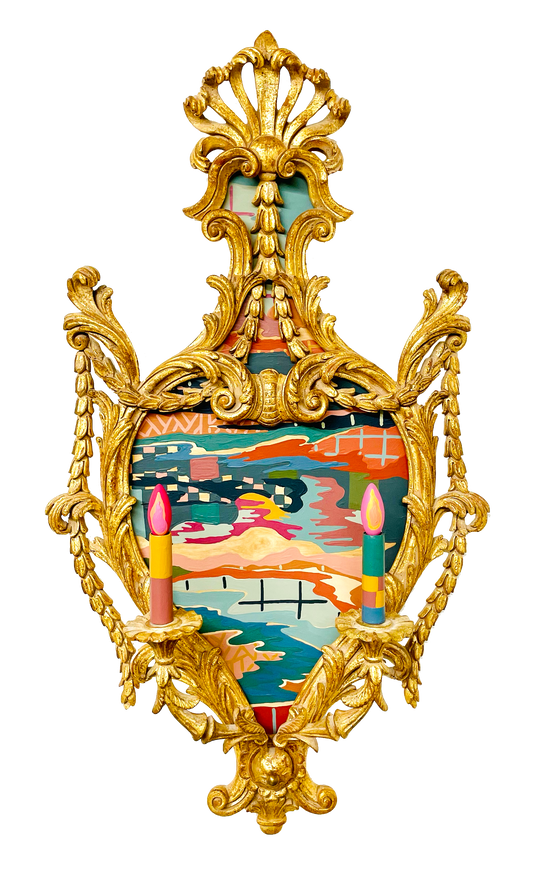 Abstract landscape painting on wood in vintage candelabra frame by Russ Rubin - front view