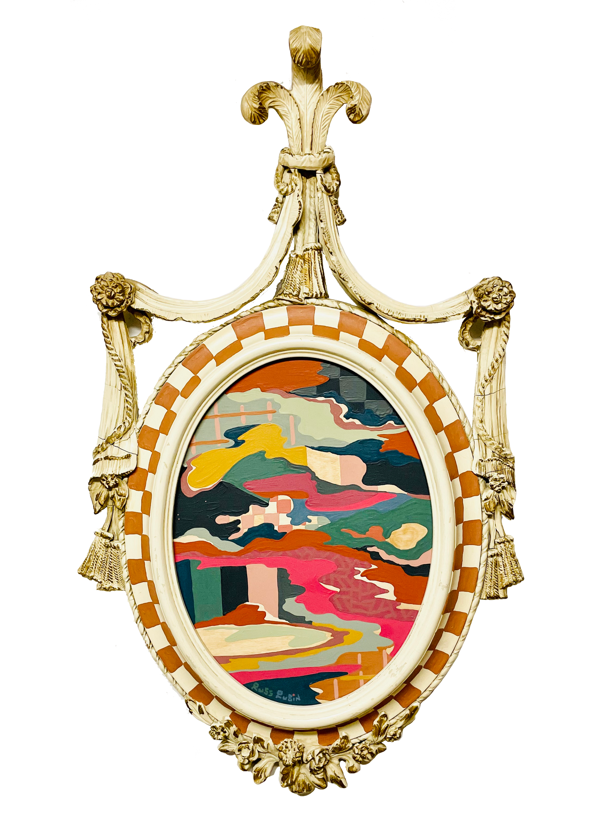 Abstract landscape painting on wood in vintage frame by Russ Rubin - front view 