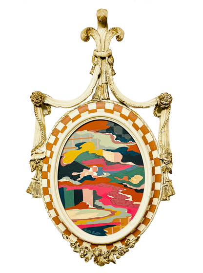 Abstract landscape painting on wood in vintage frame by Russ Rubin - front view 