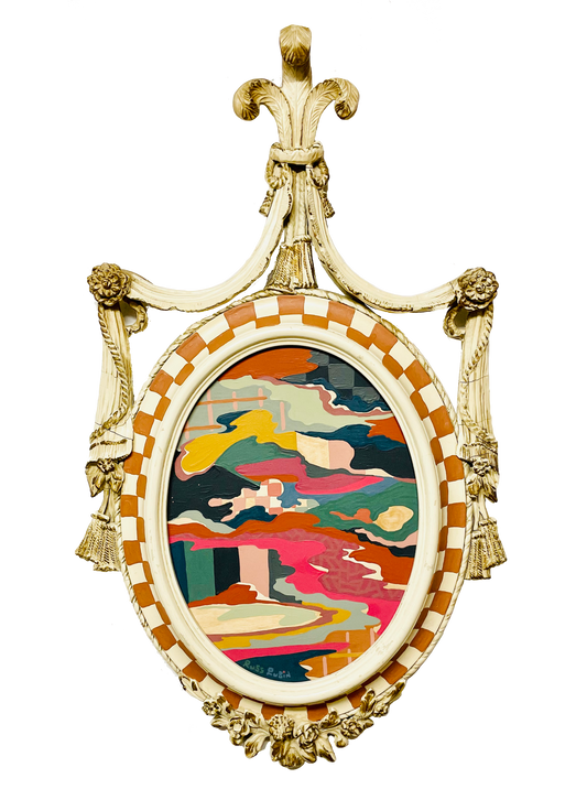 Abstract landscape painting on wood in vintage frame by Russ Rubin - front view 