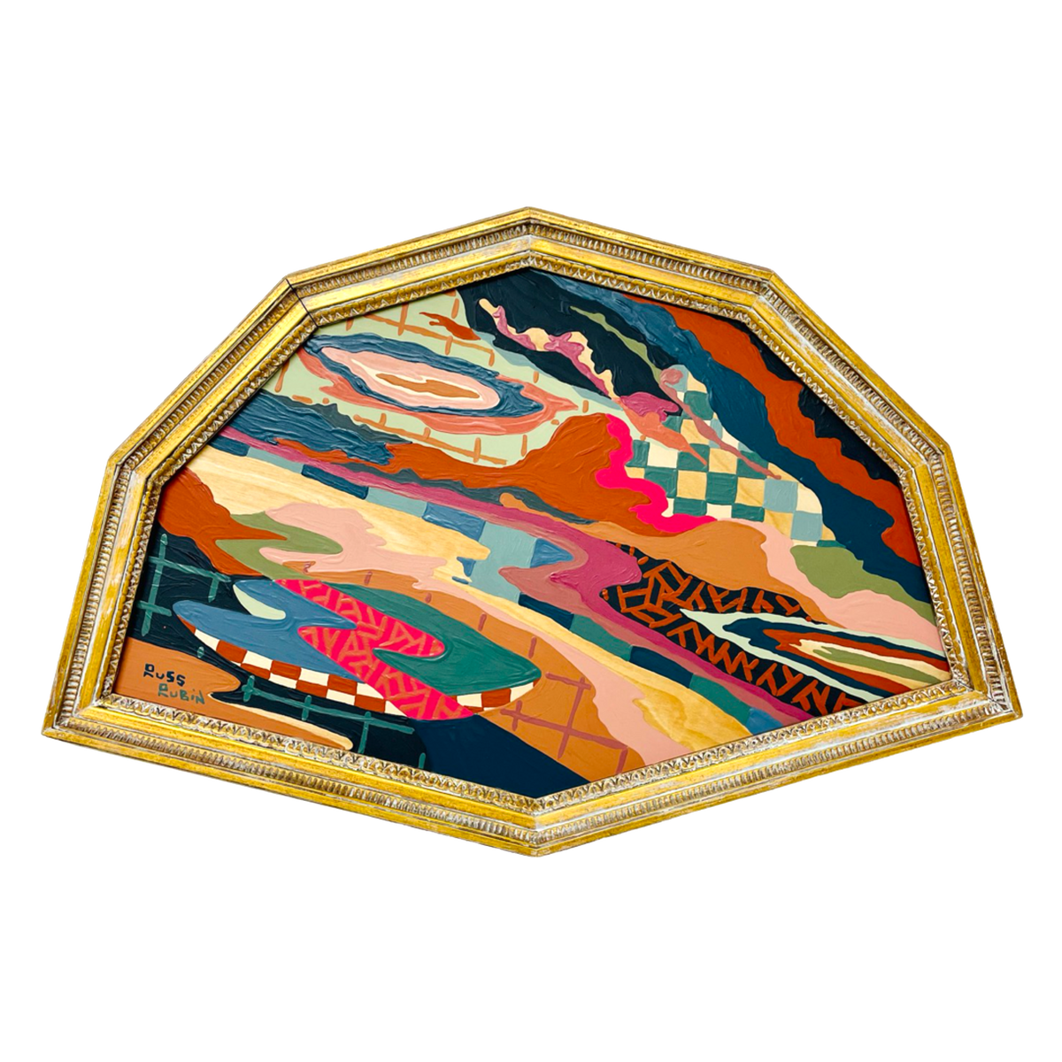 Abstract landscape painting on wood in vintage frame by Russ Rubin - front view