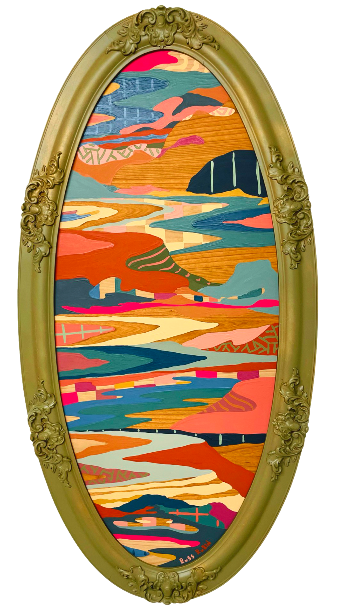 Abstract landscape painting on wood in vintage frame by Russ Rubin - front view 