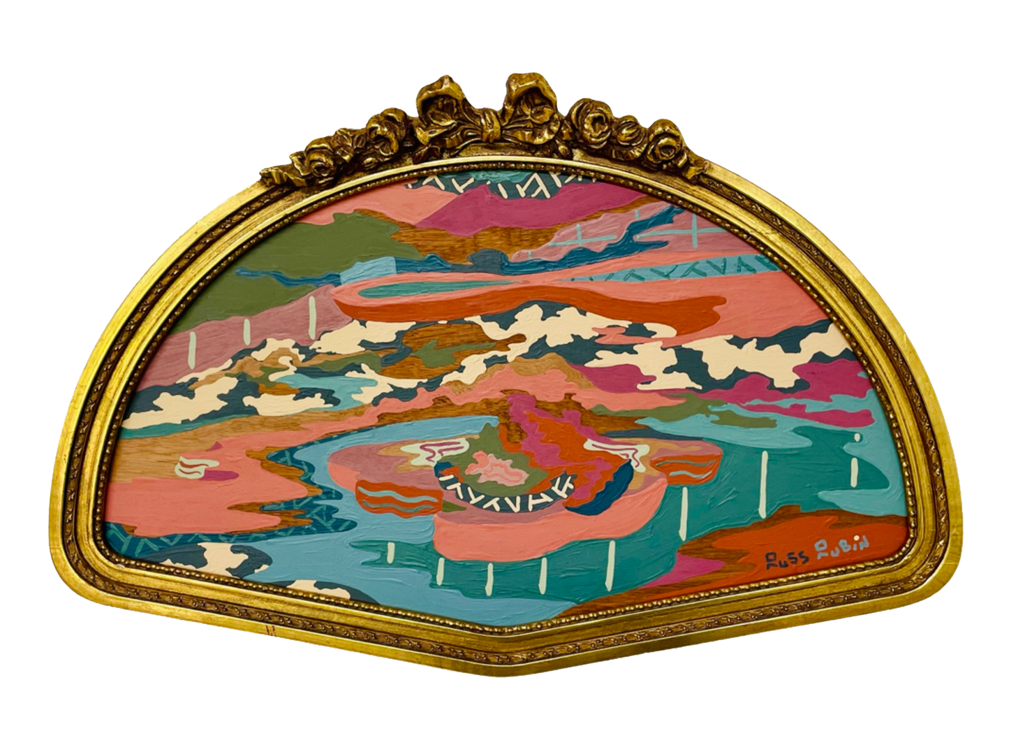 Abstract landscape painting on wood in vintage frame by Russ Rubin - front view 