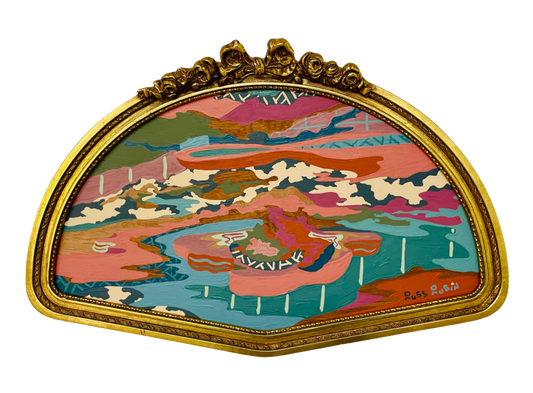 Abstract landscape painting on wood in vintage frame by Russ Rubin - front view 