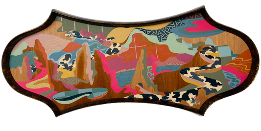 Abstract landscape painting on wood in vintage frame by Russ Rubin - front view 