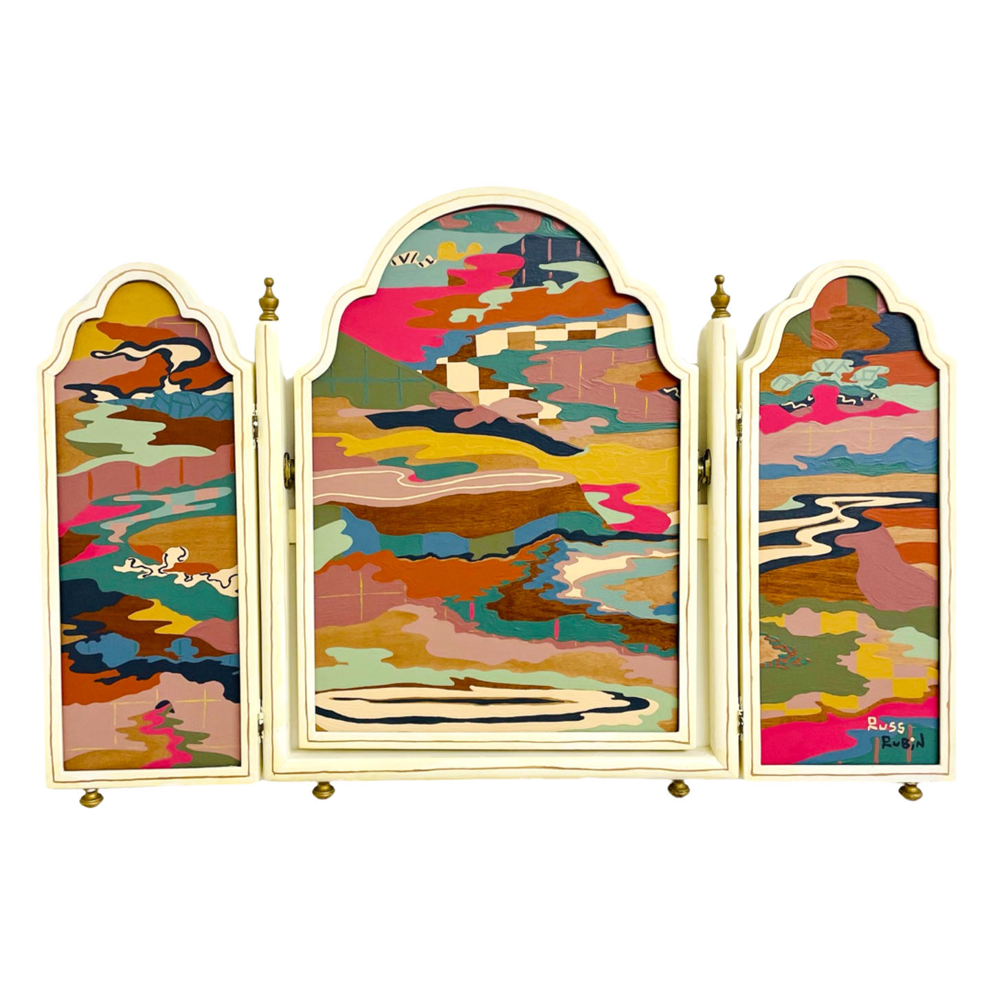Abstract landscape painting on wood in vintage triptych frame by Russ Rubin - front view 