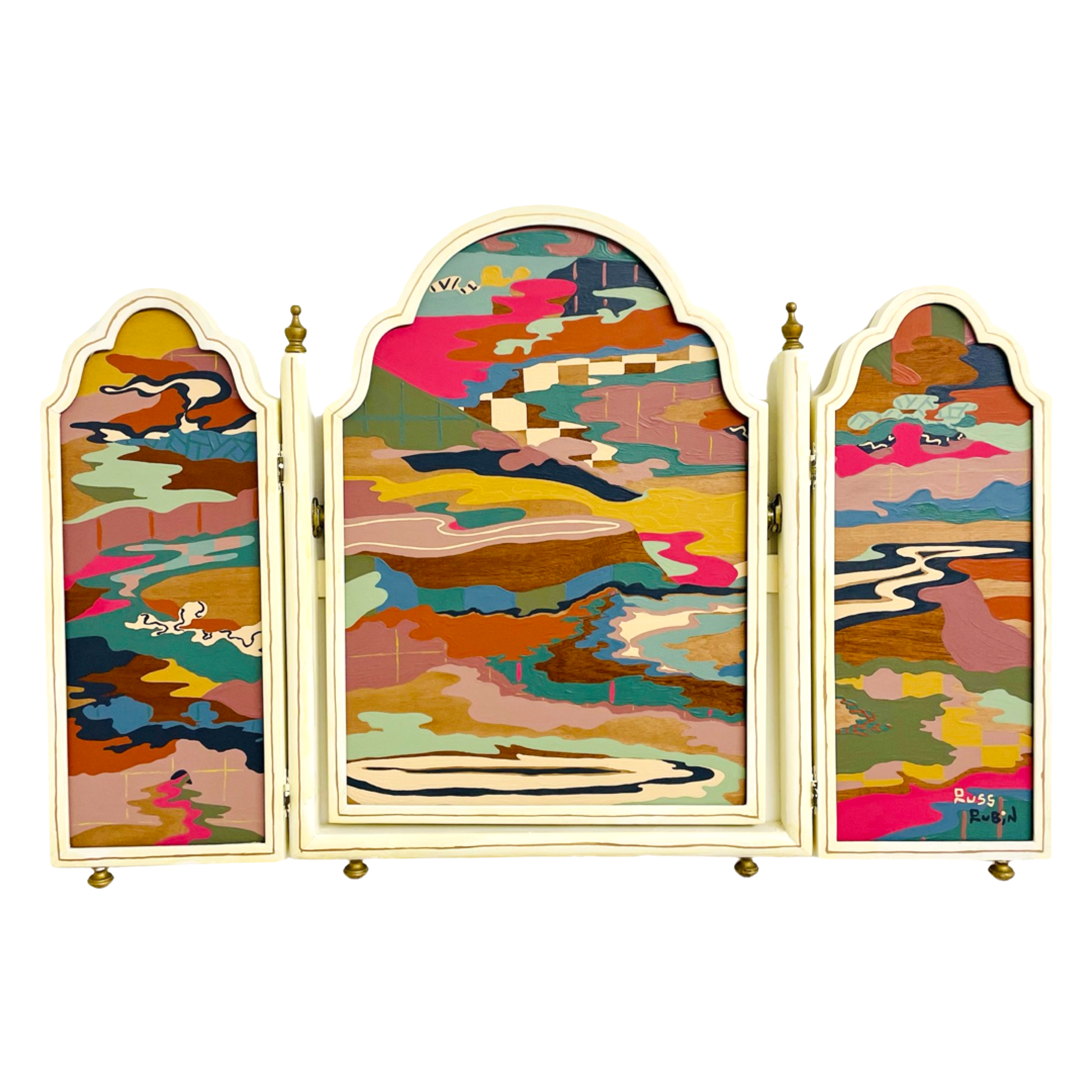 Abstract landscape painting on wood in vintage triptych frame by Russ Rubin - front view 
