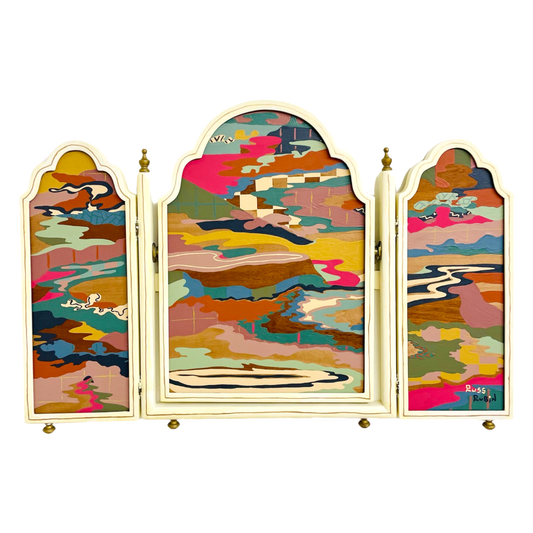 Abstract landscape painting on wood in vintage triptych frame by Russ Rubin - front view 