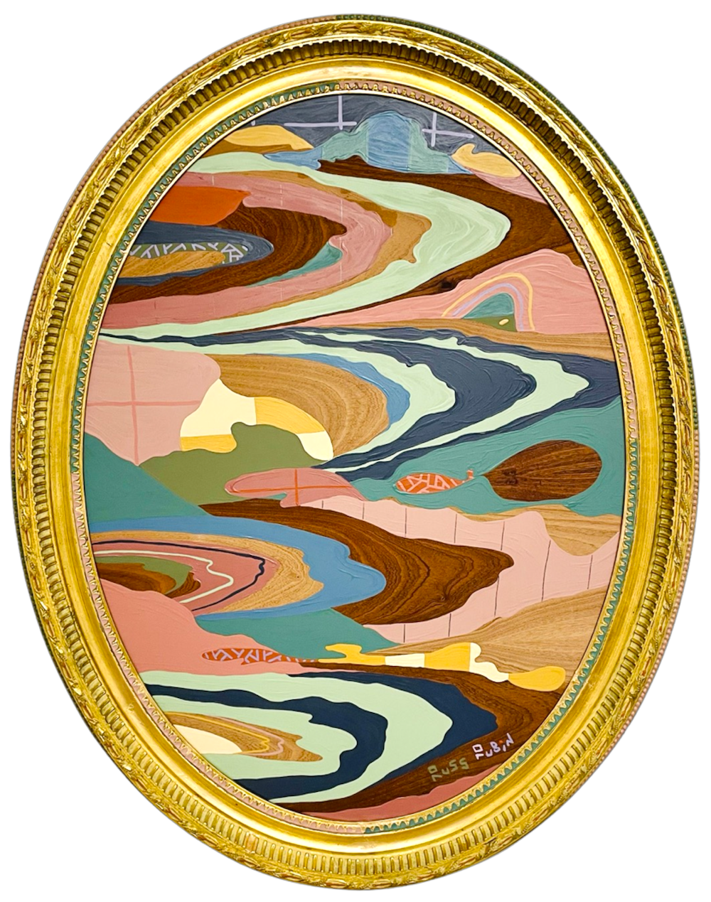 Abstract landscape painting on wood in vintage frame by Russ Rubin - front view 