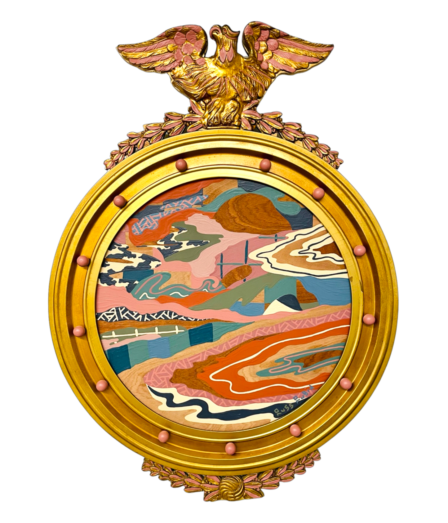 Abstract landscape painting on wood in vintage eagle frame by Russ Rubin - front view 