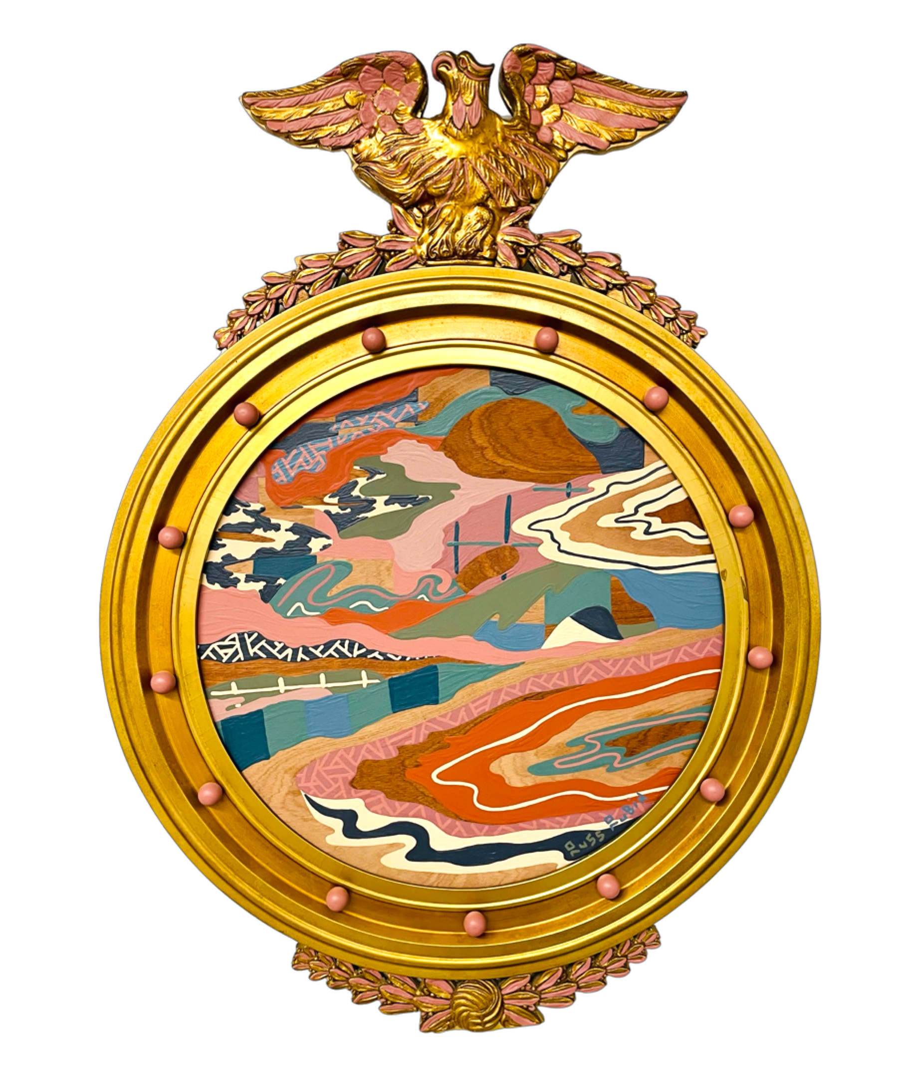 Abstract landscape painting on wood in vintage eagle frame by Russ Rubin - front view 