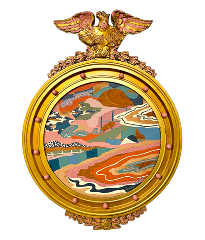 Abstract landscape painting on wood in vintage eagle frame by Russ Rubin - front view 