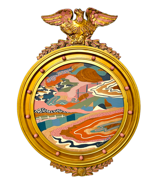 Abstract landscape painting on wood in vintage eagle frame by Russ Rubin - front view 