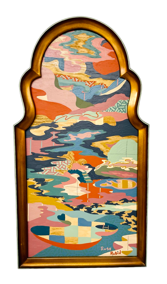 Abstract landscape painting on wood in vintage frame by Russ Rubin - front view 