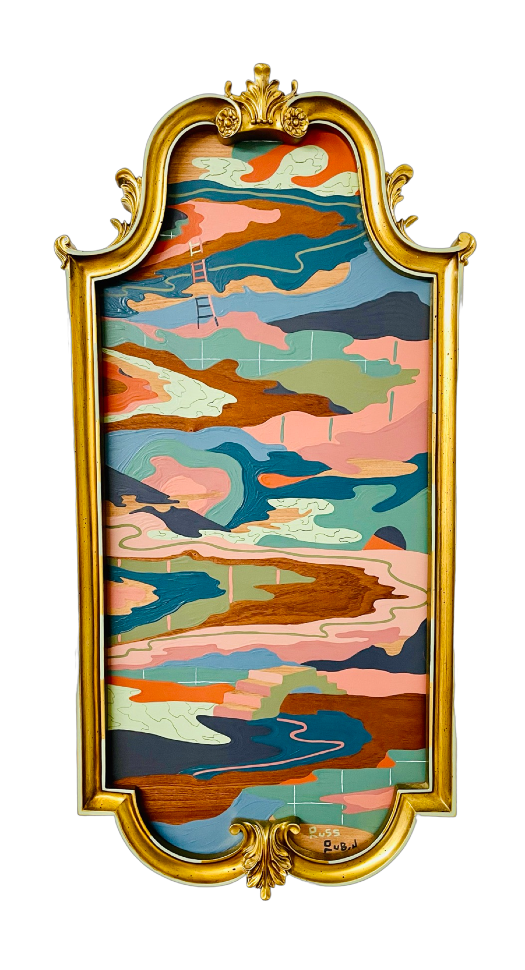 Abstract landscape on wood in vintage frame by Russ Rubin - front view