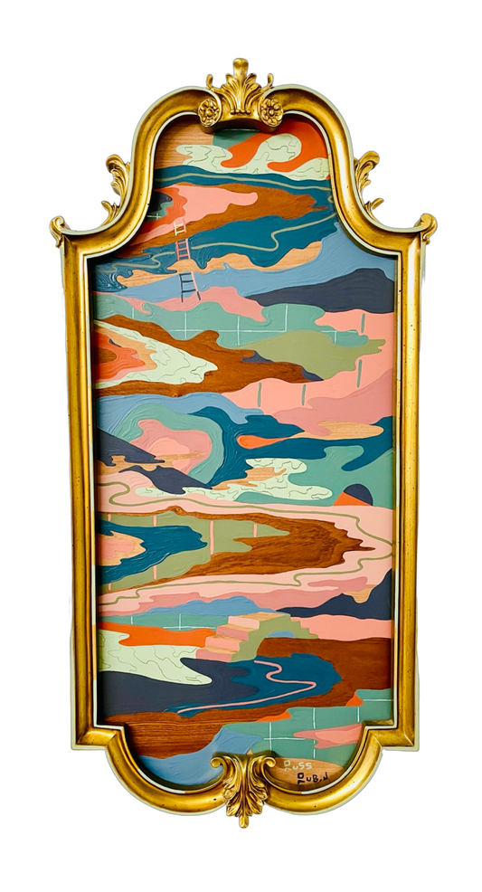 Abstract landscape on wood in vintage frame by Russ Rubin - front view