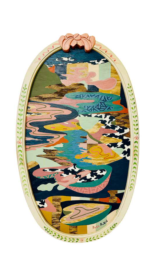 Abstract landscape on wood in vintage frame by Russ Rubin - front view