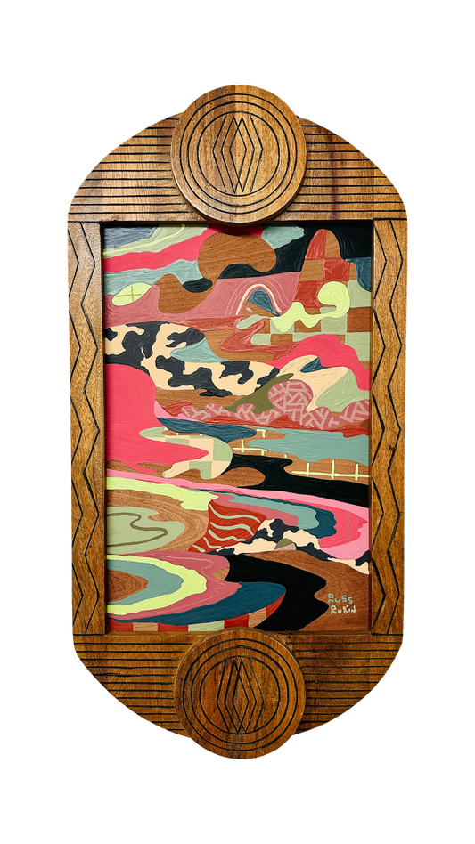 Abstract landscape on wood in vintage frame by Russ Rubin - front view