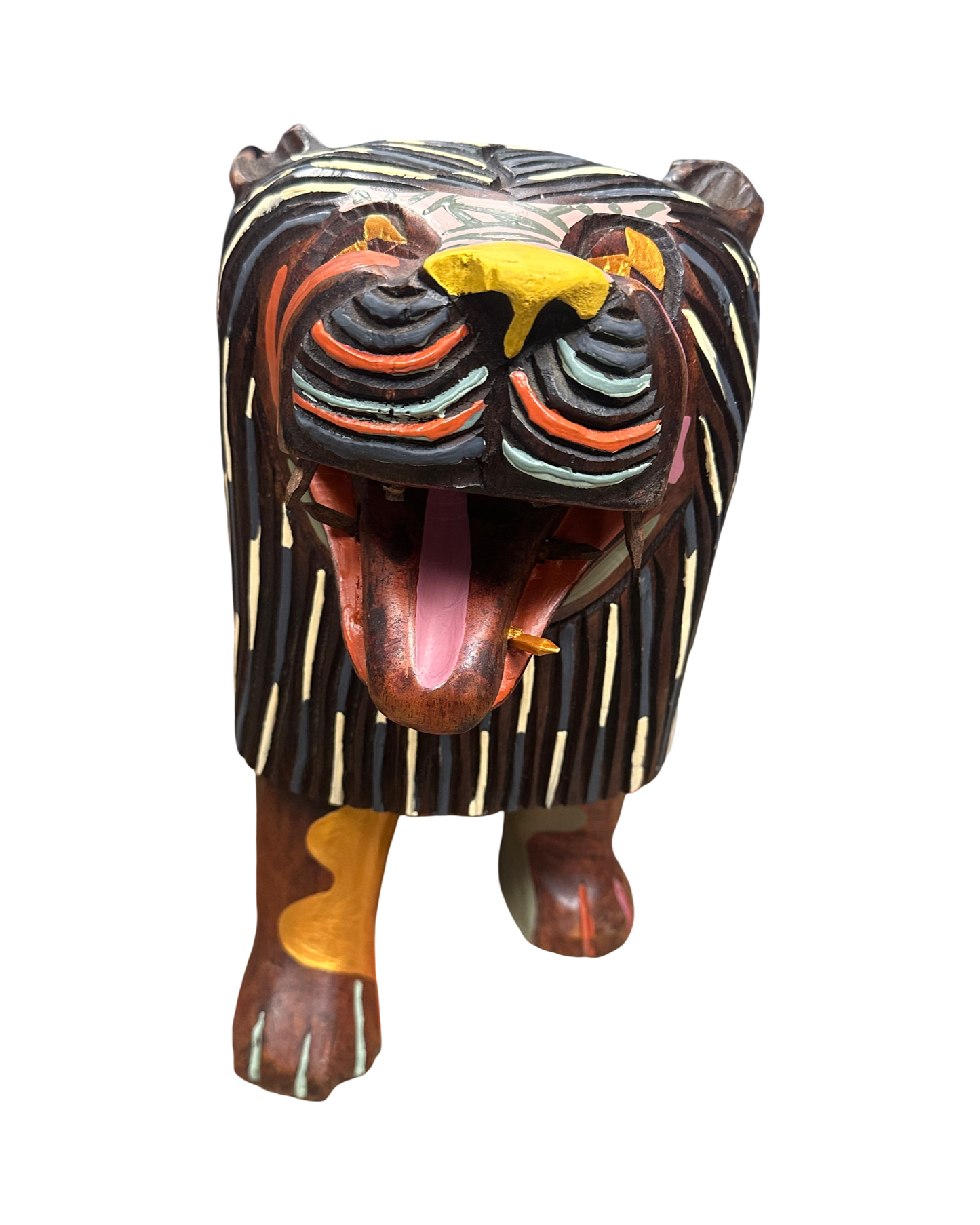 Painted wood lion sculpture by Russ Rubin