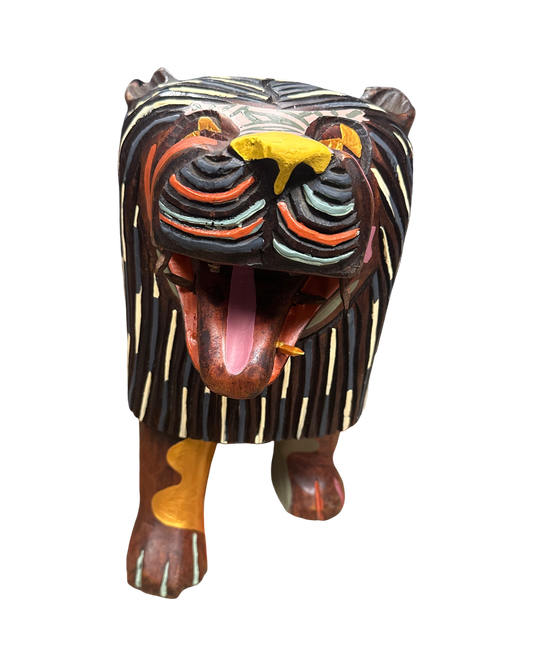 Painted wood lion sculpture by Russ Rubin